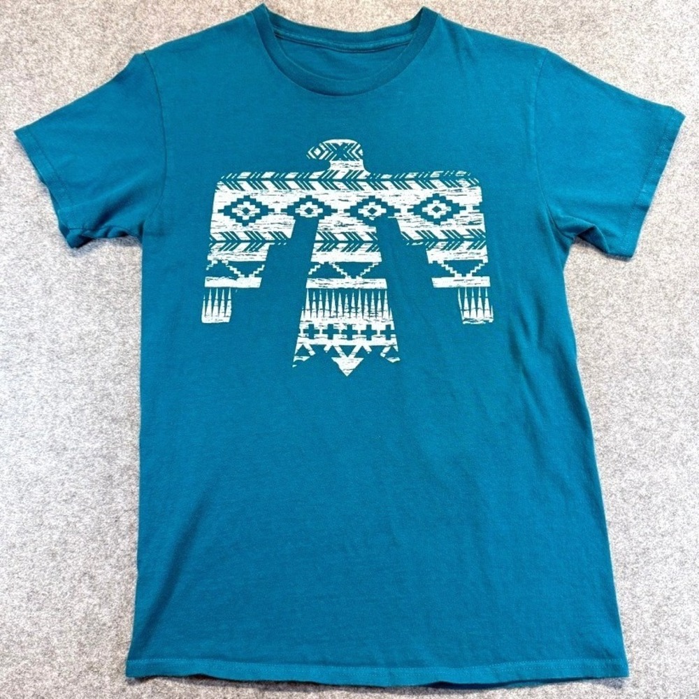 Teal Blue Thunderbird Graphic T-Shirt Southwestern Tribal Print Short Sleeve Tee